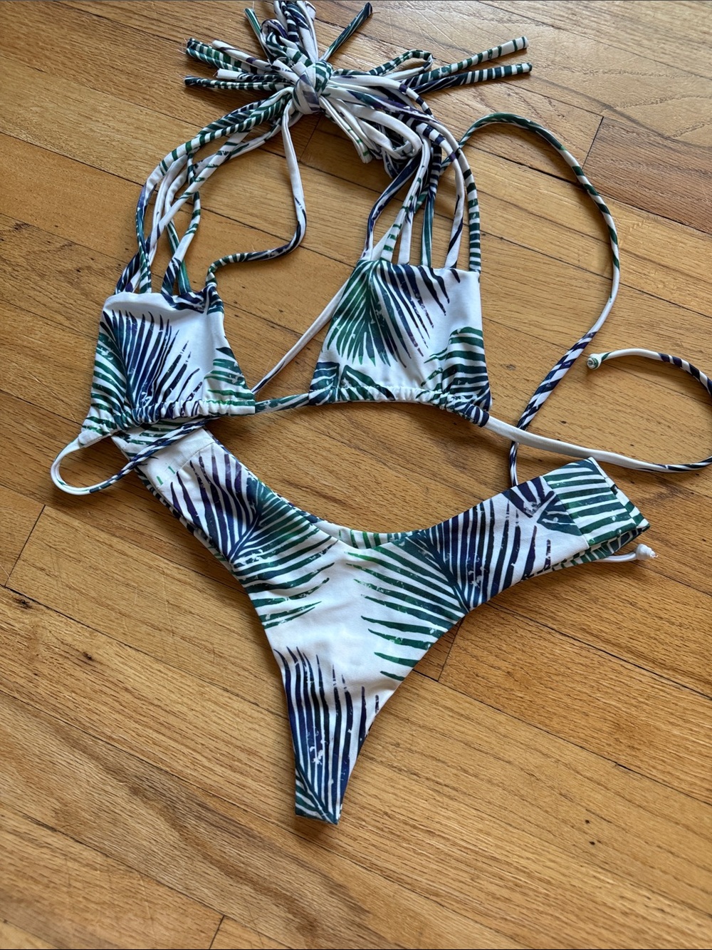Stone Fox Swim White Bikini with Green & Navy Palm Print